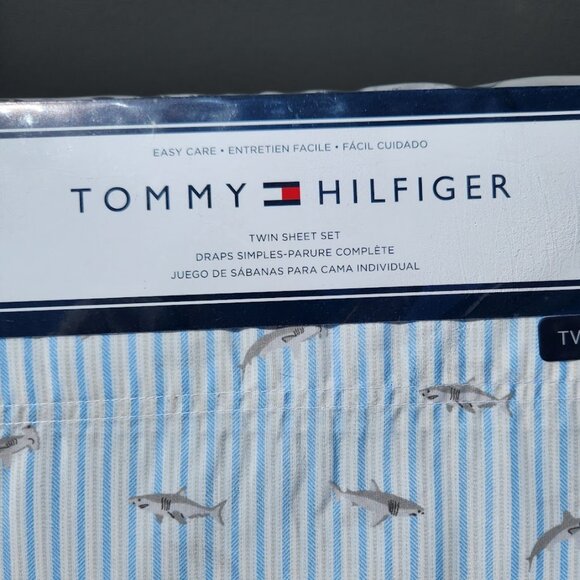 NEW TOMMY HILFIGER Sheets Sheet Set Shark Striped TWIN Size Blue White Pillowcas - Picture 9 of 11